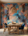 Copper Storm blue and copper abstract wallpaper as a feature wall in a bright home office