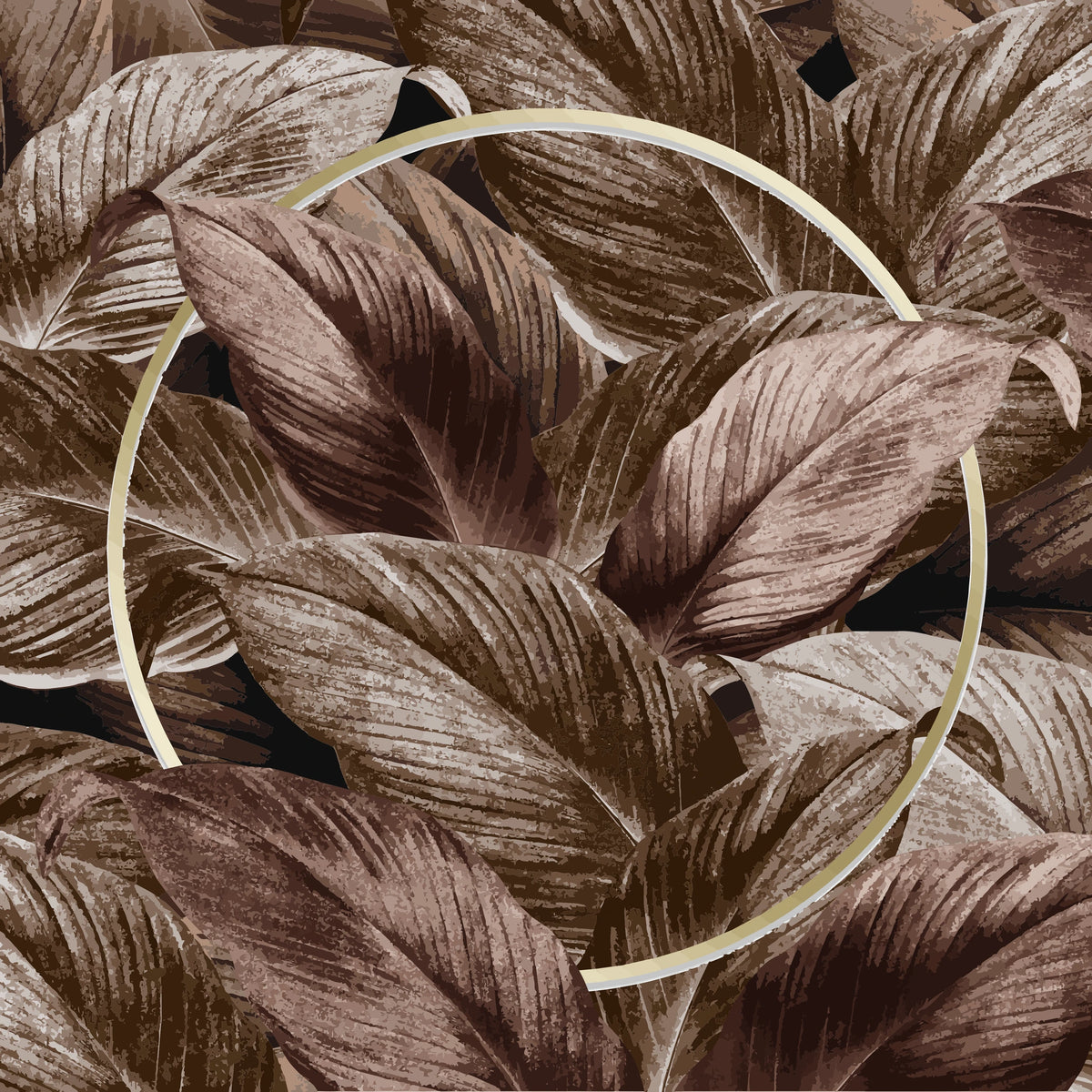 Vintage botanical Copper & Dark wallpaper with sepia-toned tropical leaves and gold metallic accent frame