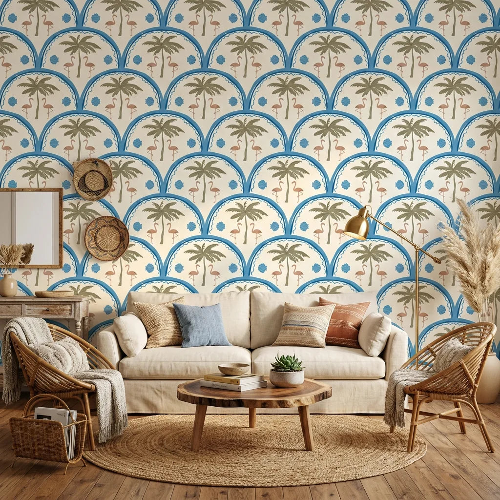 Coral Arc geometric arch wallpaper in a warm and inviting living room