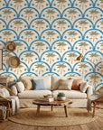 Coral Arc geometric arch wallpaper in a warm and inviting living room