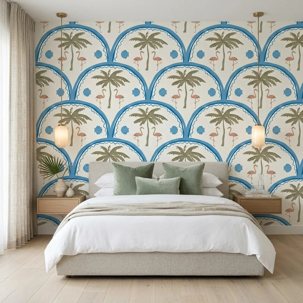 Coral Arc geometric arch wallpaper adding character to a cozy bedroom