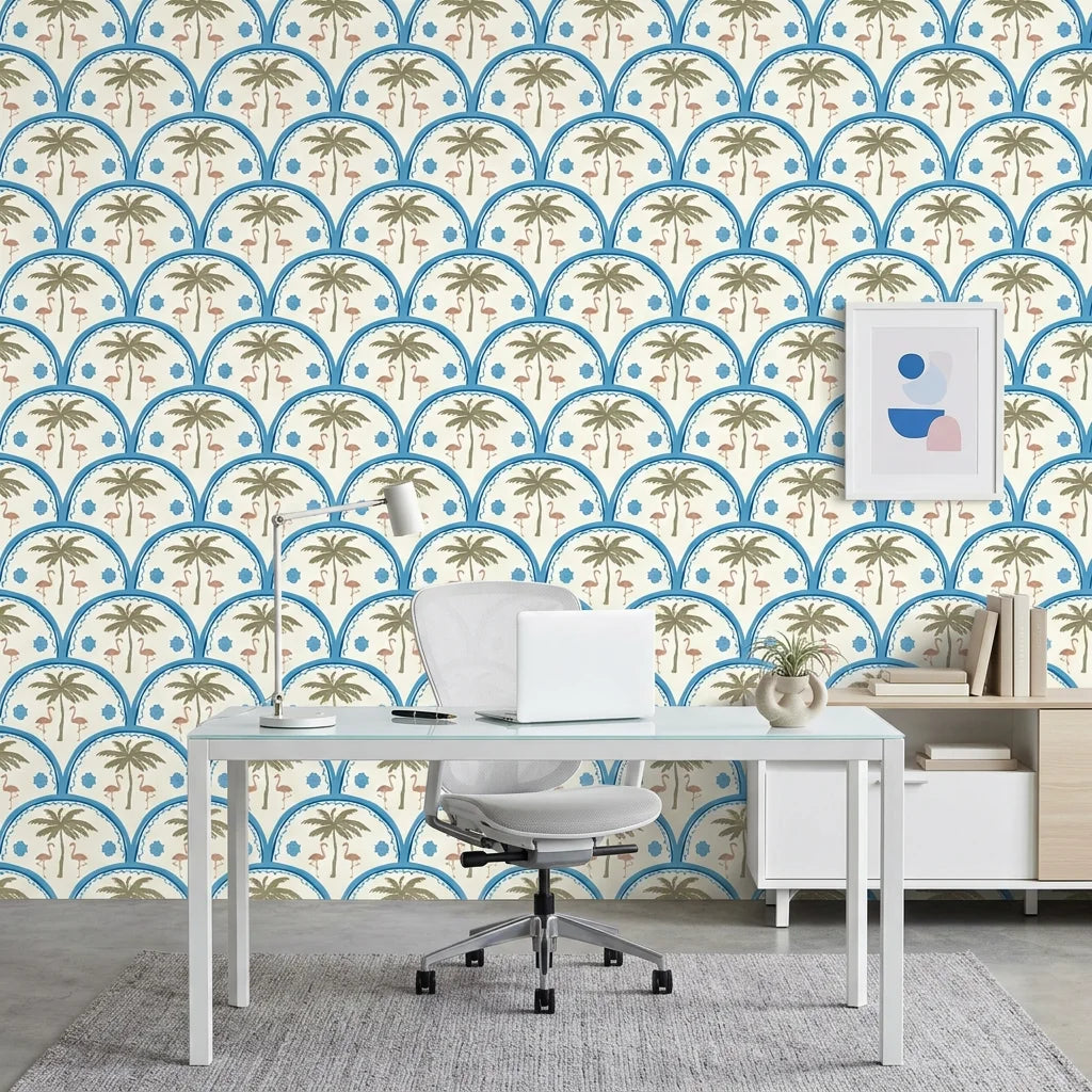 Coral Arc geometric arch wallpaper as a feature wall in a bright home office