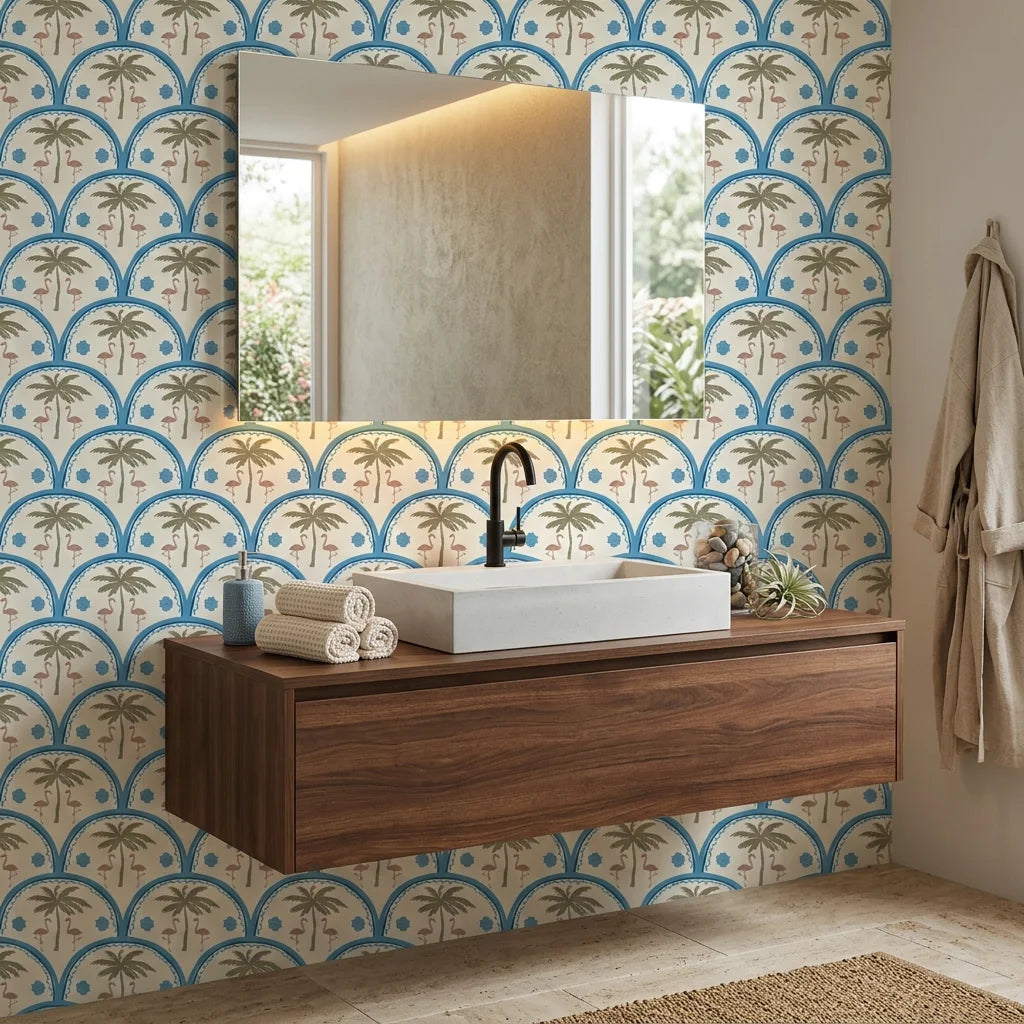 Coral Arc geometric arch wallpaper creating ambiance in a serene bathroom