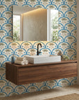 Coral Arc geometric arch wallpaper creating ambiance in a serene bathroom