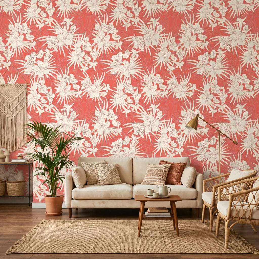 Coral Bloom pink floral wallpaper in a warm and inviting living room
