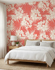 Coral Bloom pink floral wallpaper adding character to a cozy bedroom