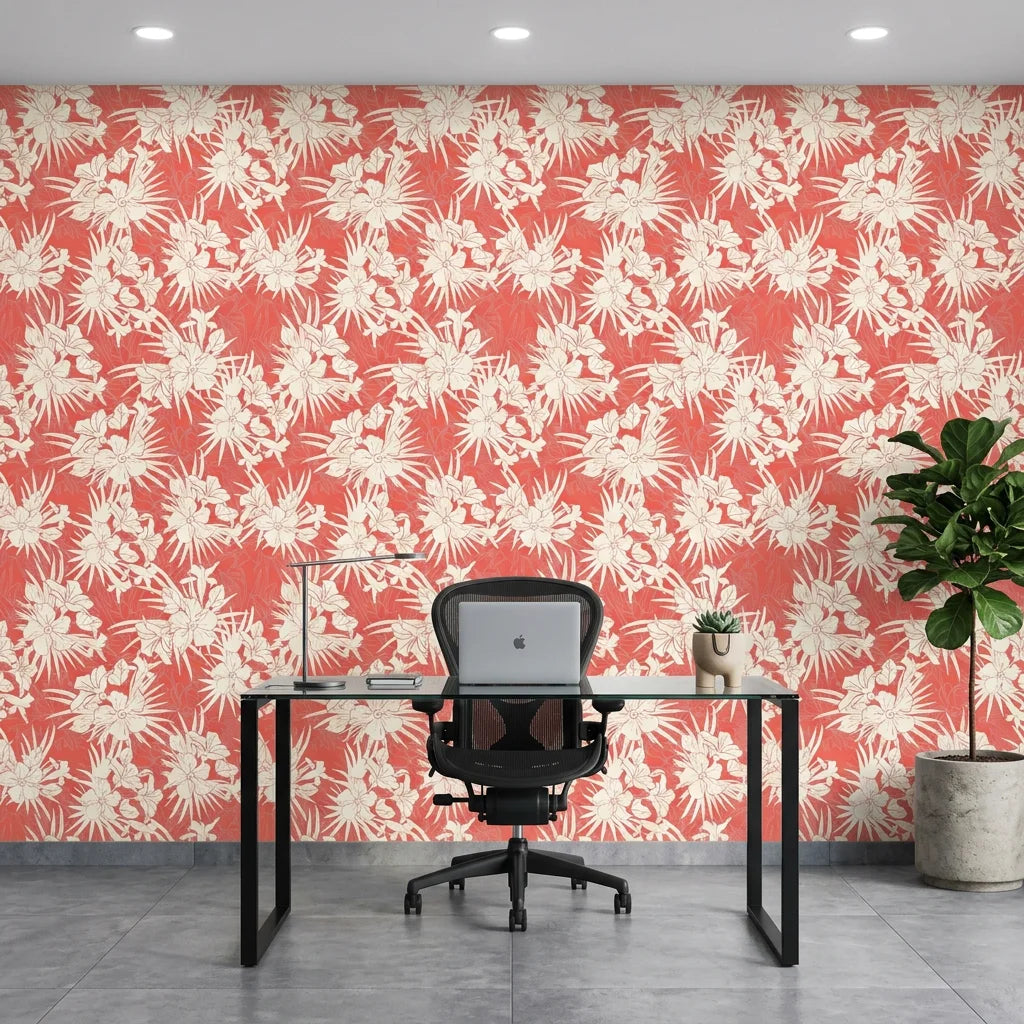Coral Bloom pink floral wallpaper as a feature wall in a bright home office