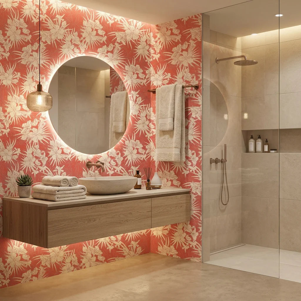 Coral Bloom pink floral wallpaper creating ambiance in a serene bathroom