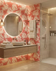 Coral Bloom pink floral wallpaper creating ambiance in a serene bathroom