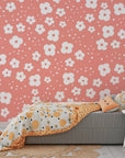Minimalist salmon pink botanical print with a fine-textured matte finish for walls - Coral Cascade