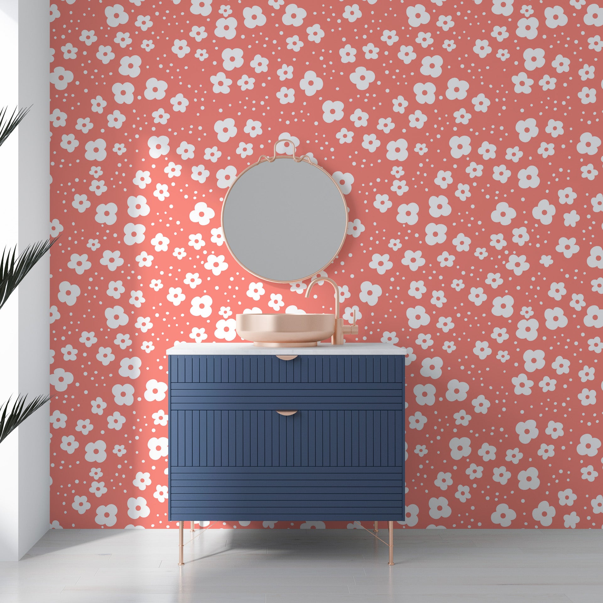 Delicate miniature blossoms scattered across a soft coral-hued removable vinyl surface - Coral Cascade