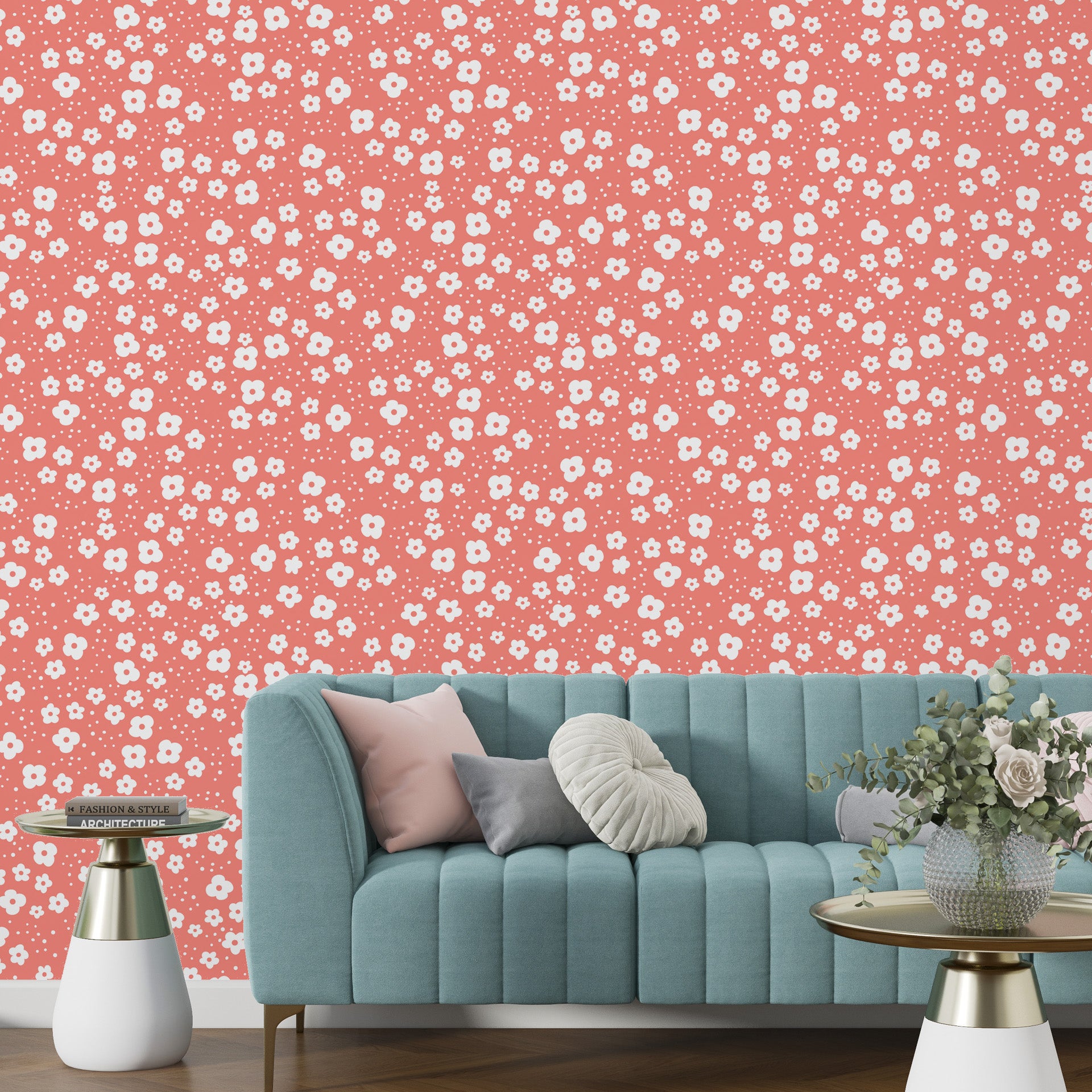 Vibrant peach-toned tiny wildflower motif on a flat, non-textured decorative wallpaper - Coral Cascade