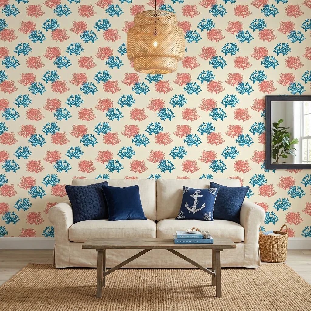Coral Cove playful coral and blue wallpaper in a warm and inviting living room