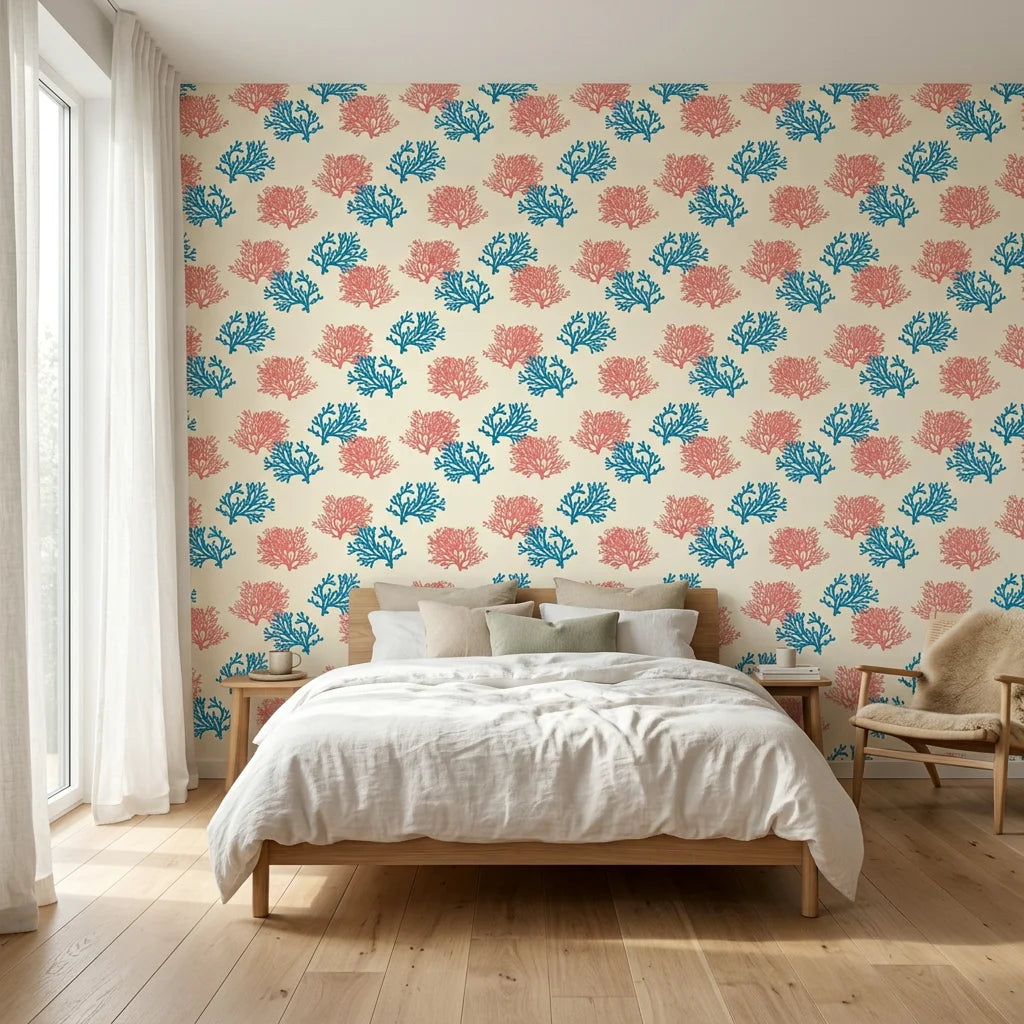 Coral Cove playful coral and blue wallpaper adding character to a cozy bedroom