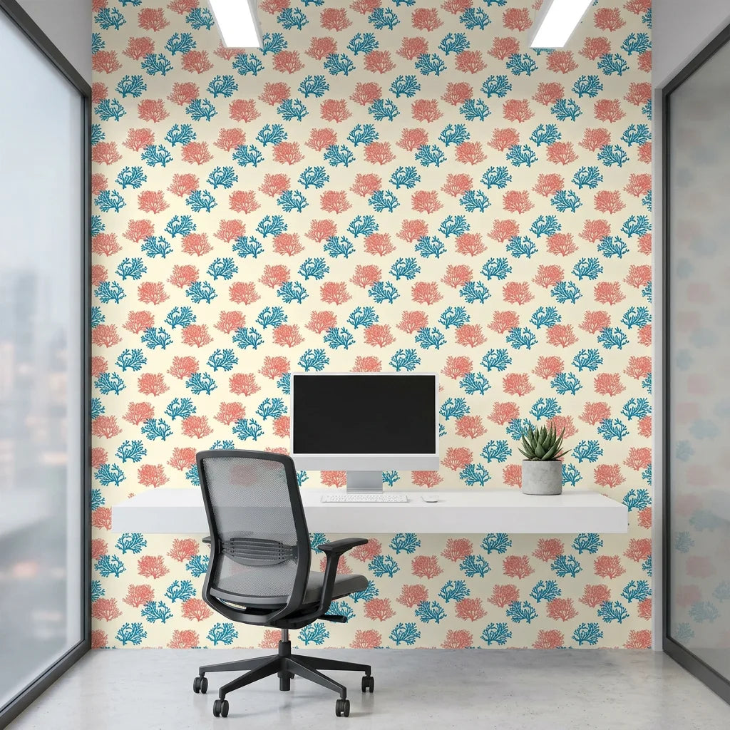Coral Cove playful coral and blue wallpaper as a feature wall in a bright home office