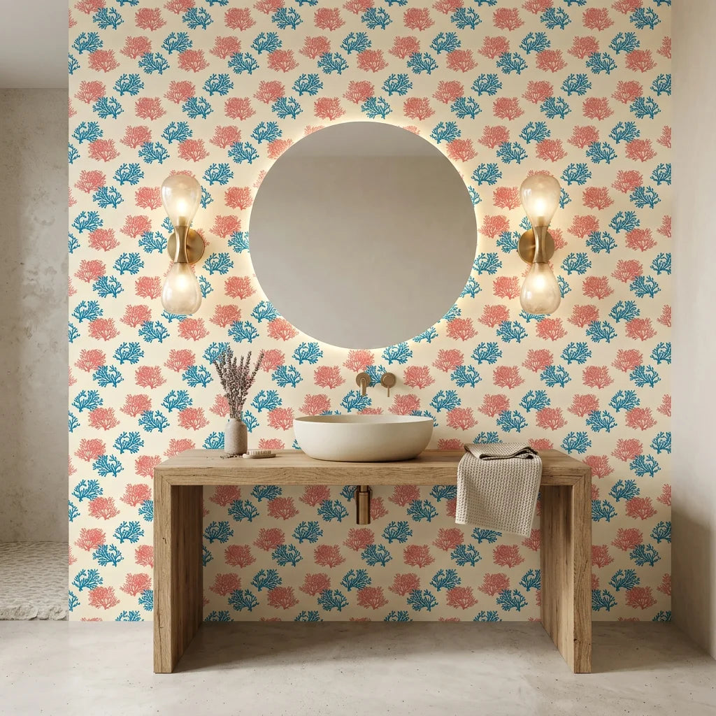 Coral Cove playful coral and blue wallpaper creating ambiance in a serene bathroom