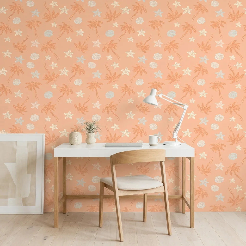 Coral Dream soft abstract wallpaper as a feature wall in a bright home office