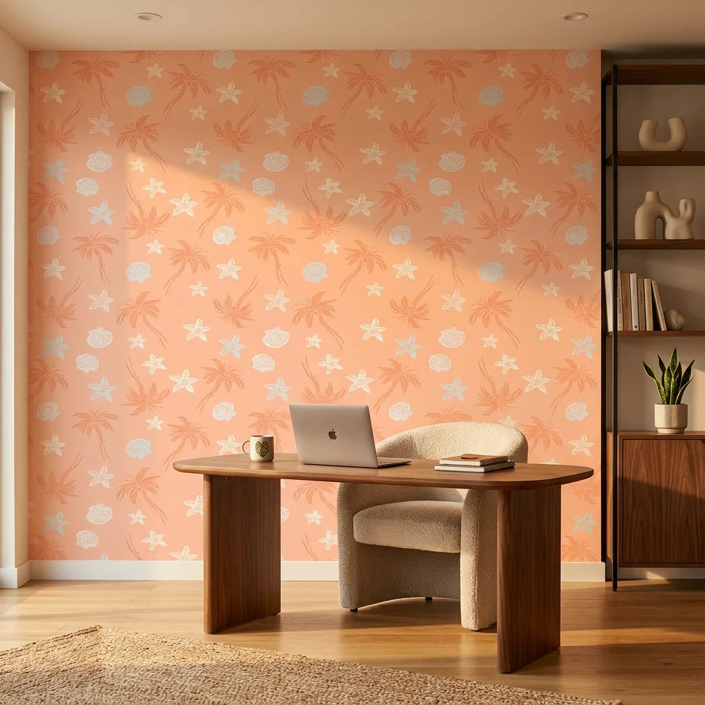 Coral Dream soft abstract wallpaper creating ambiance in a serene bathroom