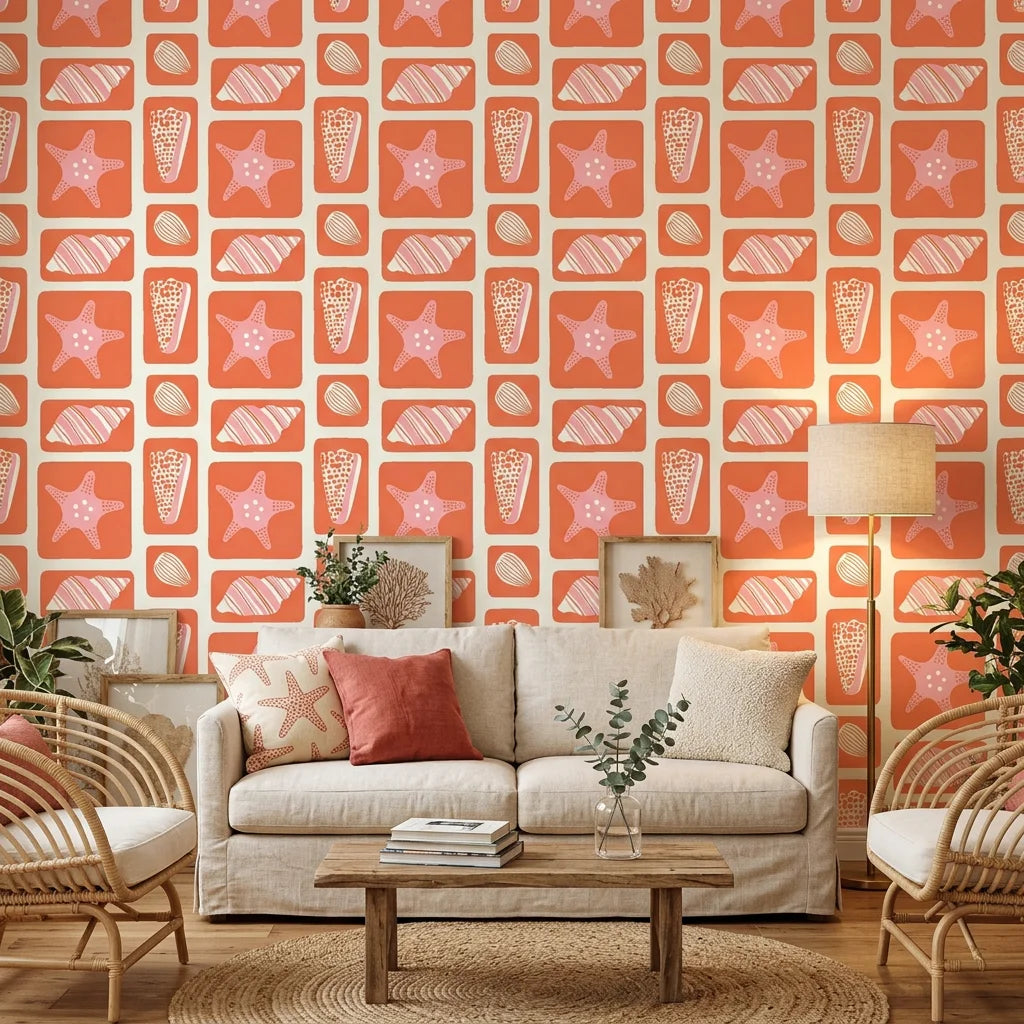 Coral Echoes geometric tile wallpaper in a warm and inviting living room