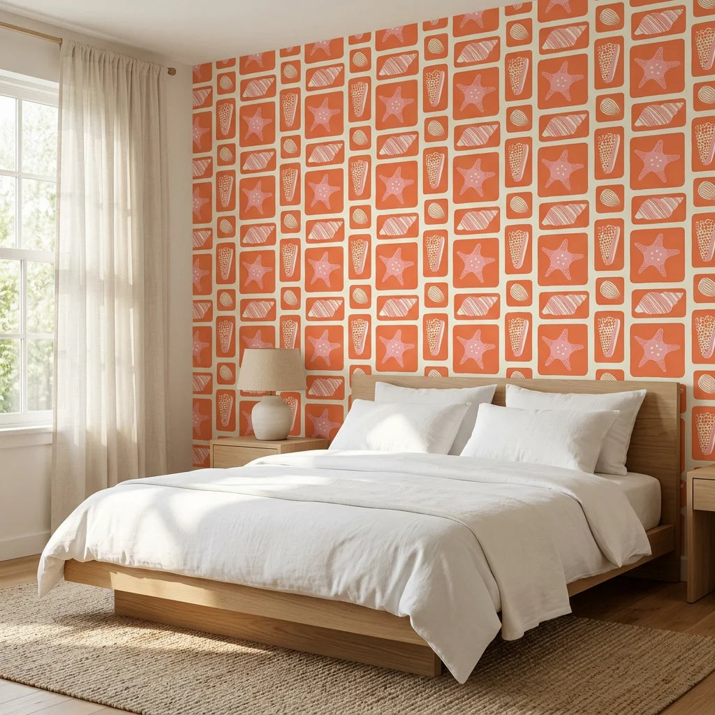 Coral Echoes geometric tile wallpaper adding character to a cozy bedroom