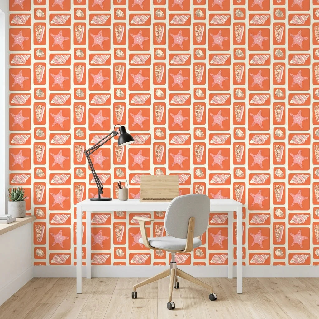 Coral Echoes geometric tile wallpaper as a feature wall in a bright home office