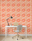 Coral Echoes geometric tile wallpaper as a feature wall in a bright home office
