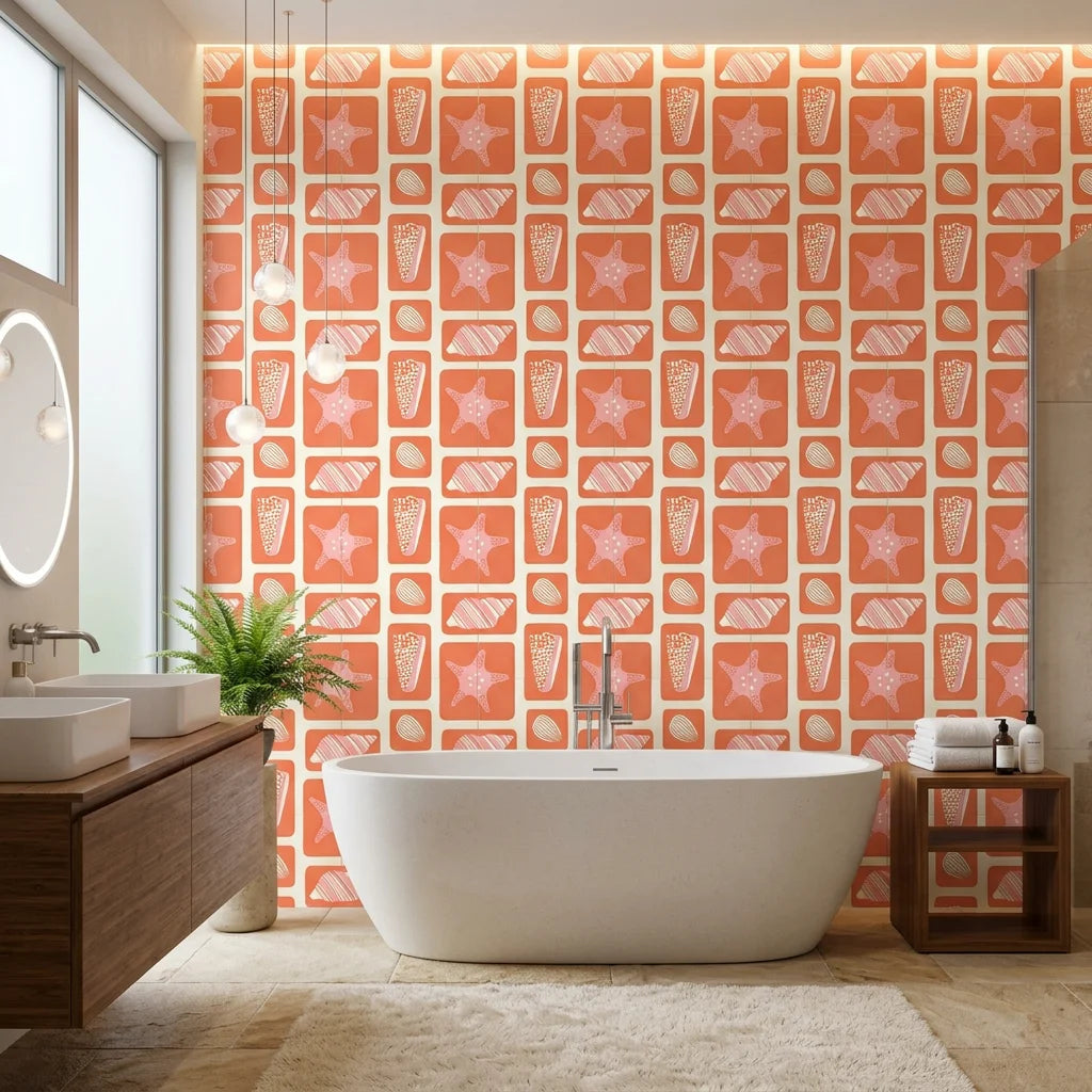 Coral Echoes geometric tile wallpaper creating ambiance in a serene bathroom