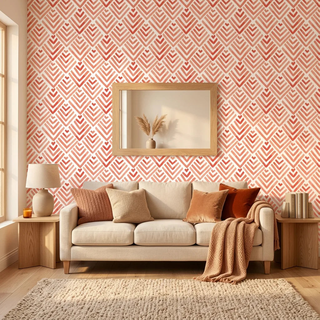 Textured coral geometric fret peel and stick wallpaper - Coral Fret