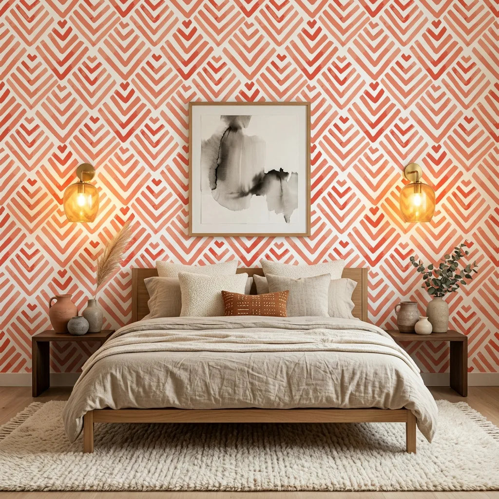 Coral Fret vibrant geometric peel and stick wallpaper in a warm and inviting living room