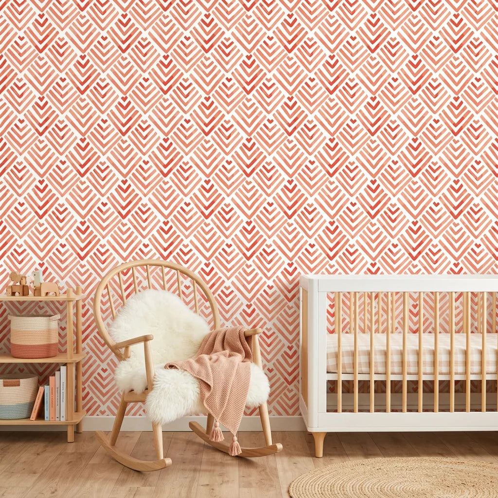 Coral Fret vibrant geometric peel and stick wallpaper adding character to a cozy bedroom