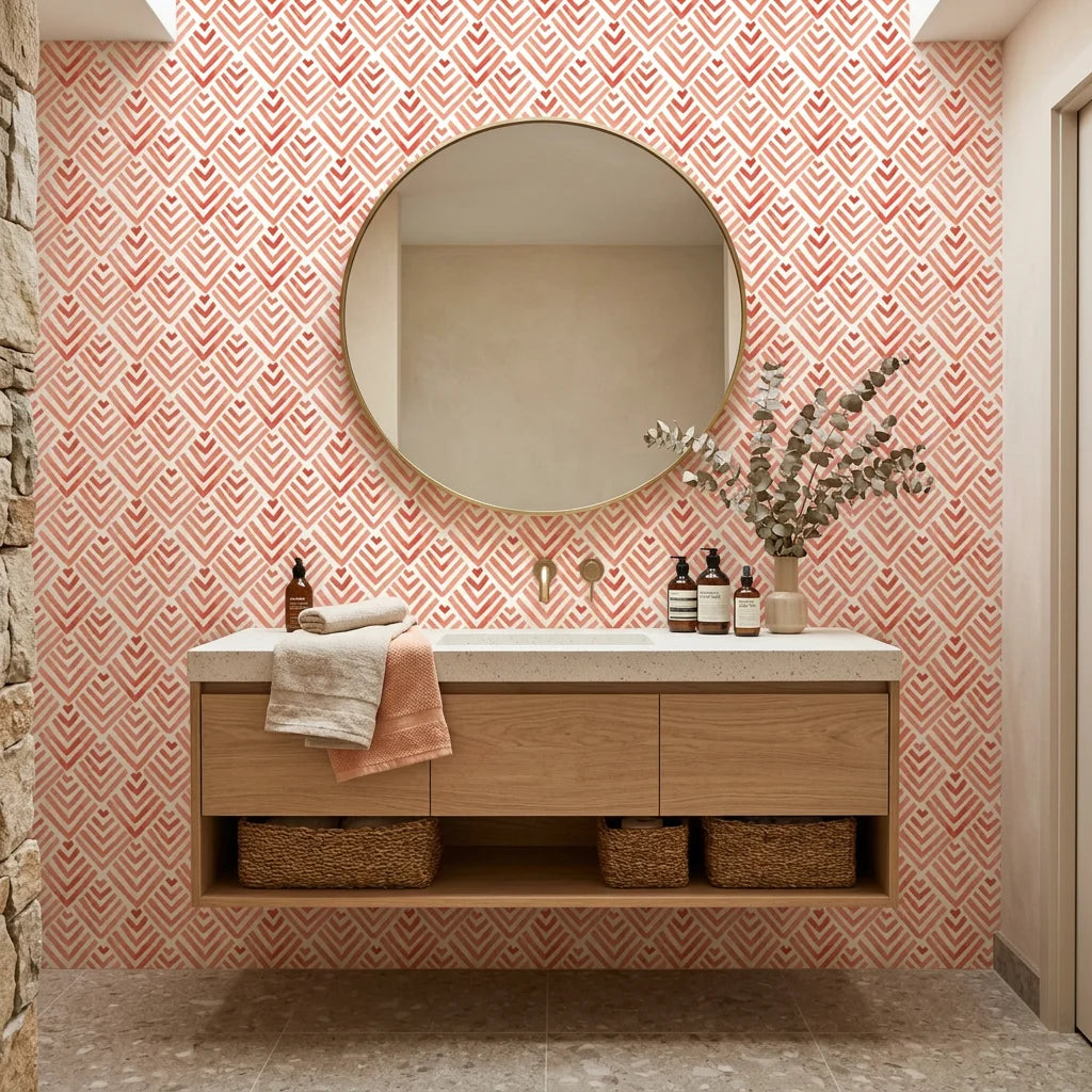 Coral Fret vibrant geometric peel and stick wallpaper as a feature wall in a bright home office