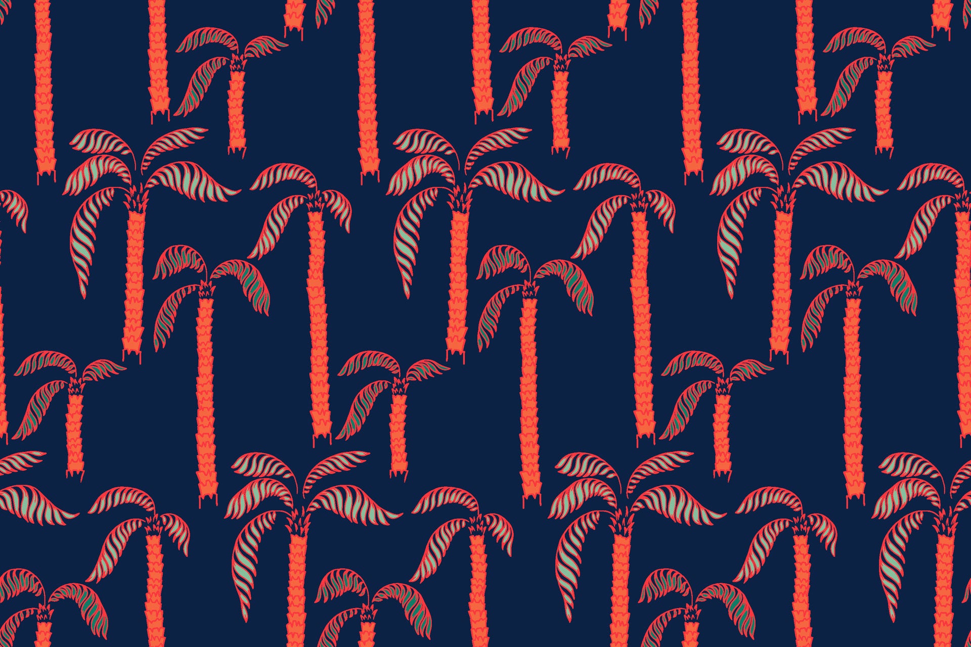 Deep blue wallpaper adorned with vibrant coral palm trees. Tropical 'Coral Sway' design