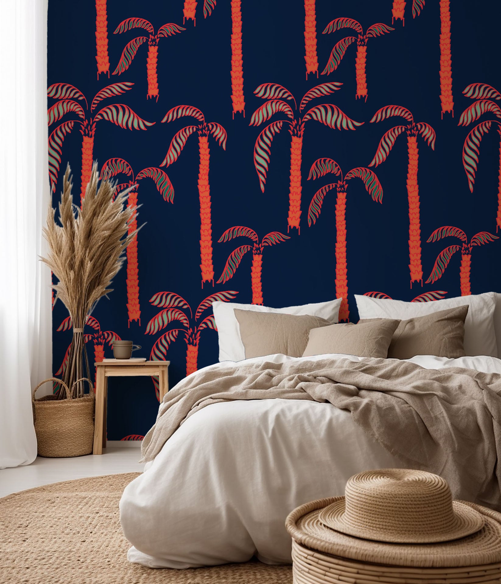 Navy blue tropical wallpaper featuring neon coral palm trees - Coral Sway