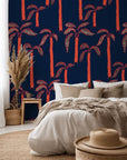 Navy blue tropical wallpaper featuring neon coral palm trees - Coral Sway