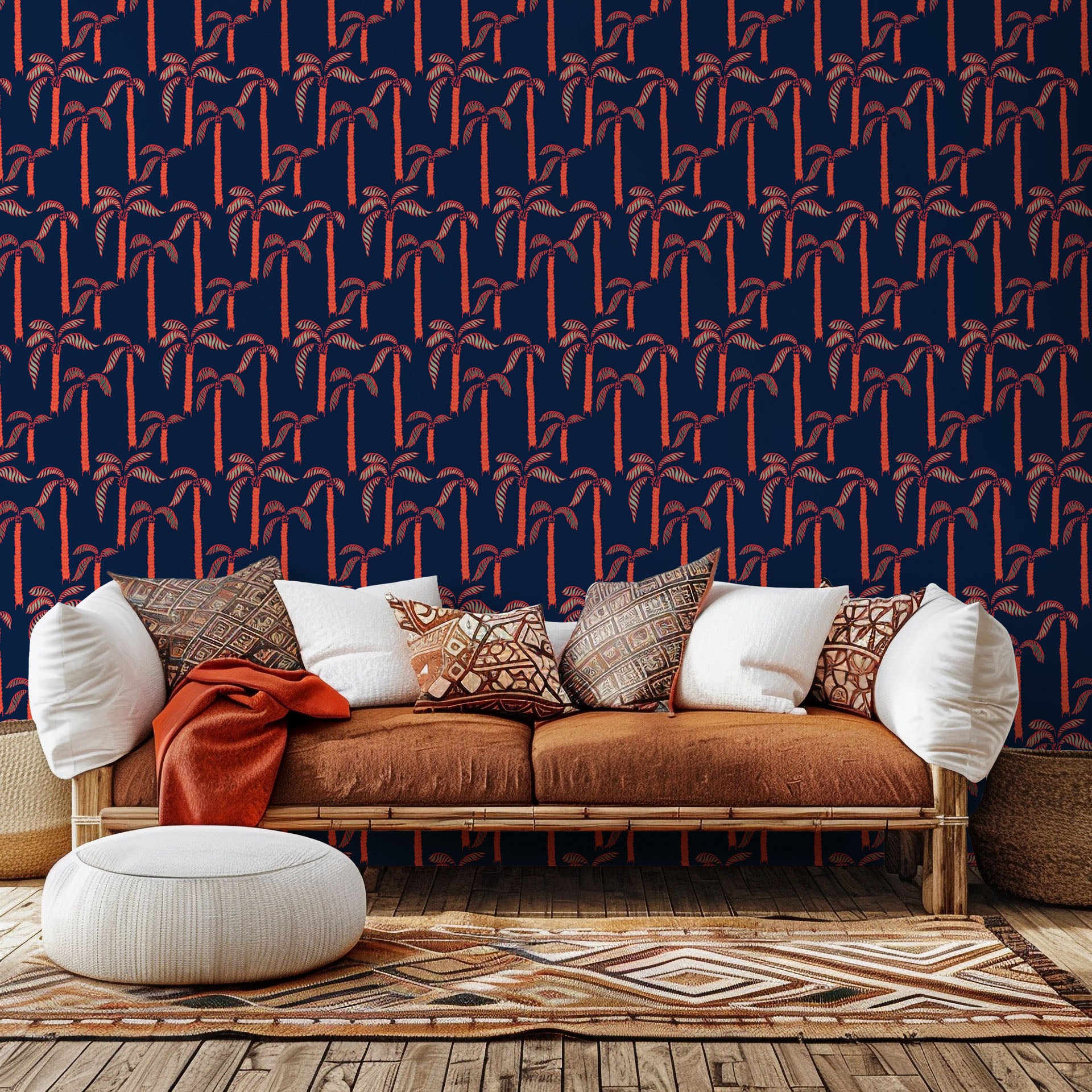 Deep blue tropical wall covering accented by vibrant coral palm silhouettes, named Coral Sway