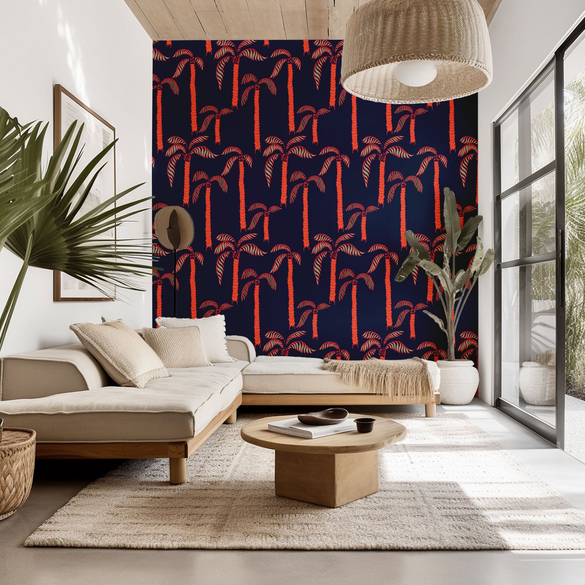 Navy blue tropical wallpaper with neon coral palm trees - Coral Sway