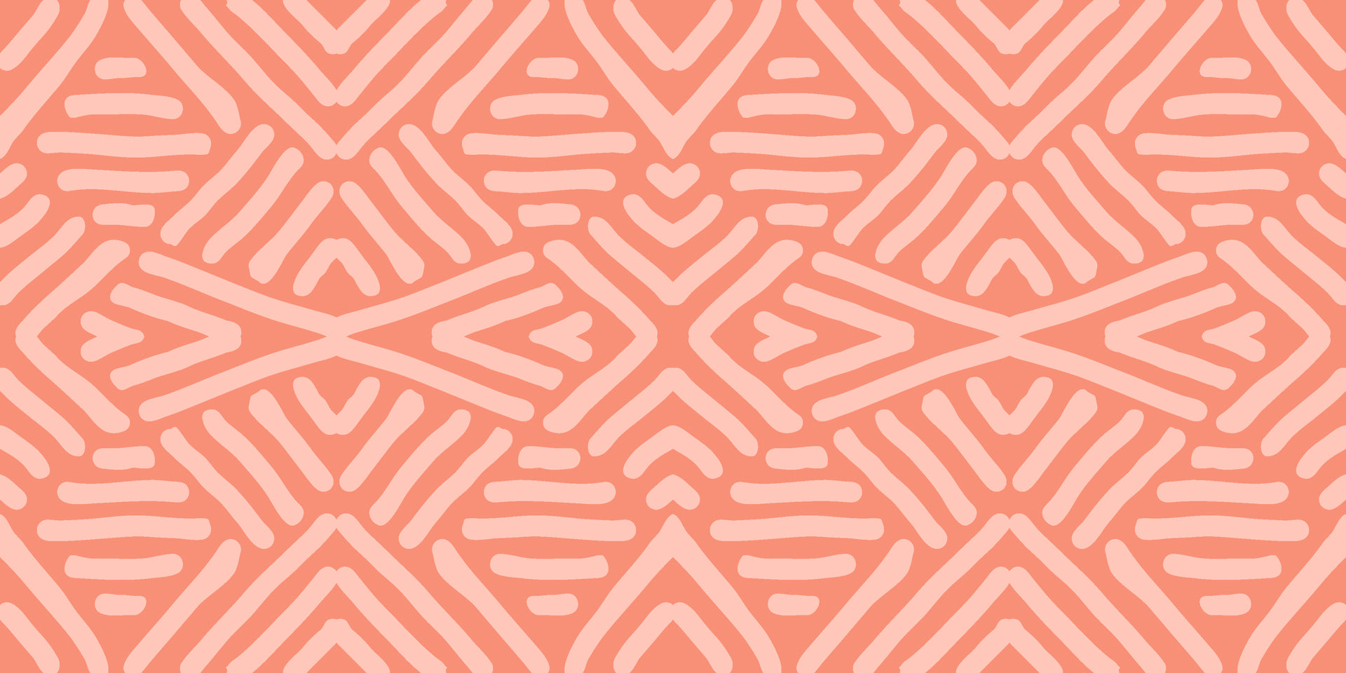Coral geometric wallpaper with hand-drawn line patterns forming a soft, symmetrical abstract design.