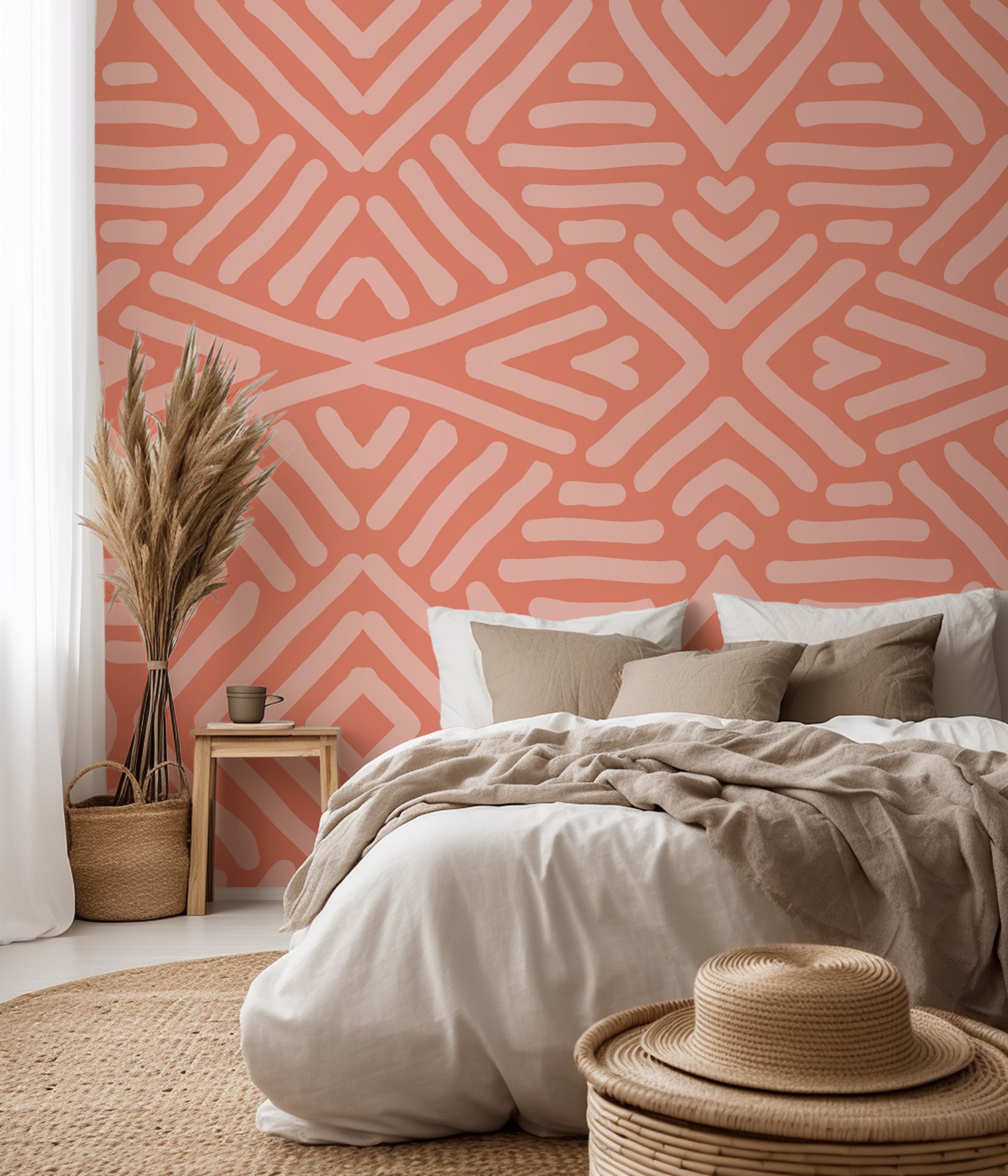 Structured geometric icon pattern in earthy tones for a rich cultural wall feature.