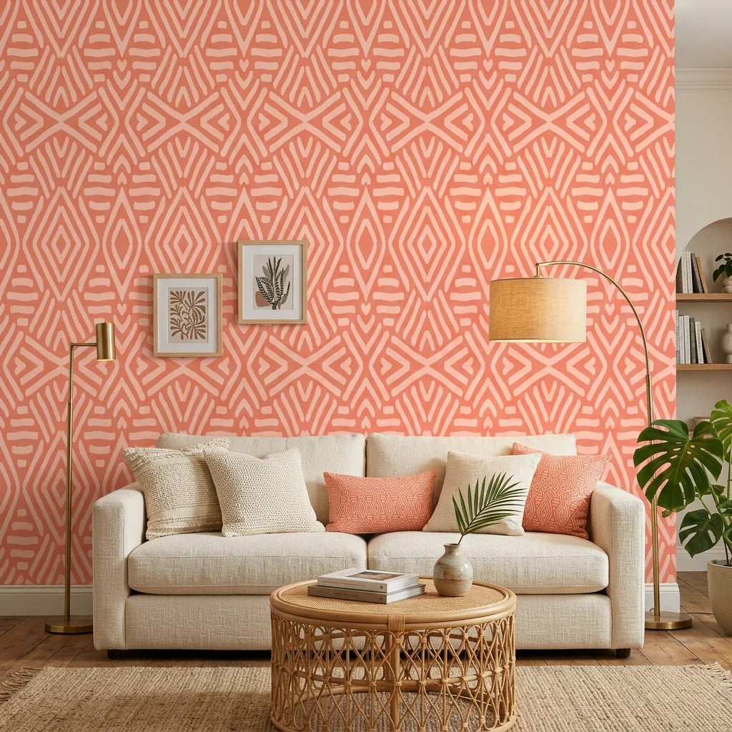 Coral Totem geometric icon wallpaper in a warm and inviting living room