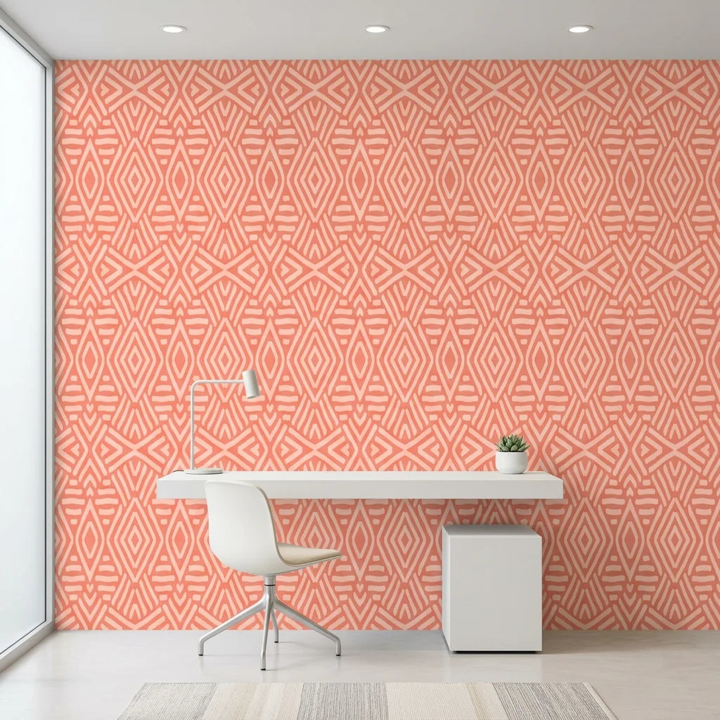 Coral Totem geometric icon wallpaper as a feature wall in a bright home office