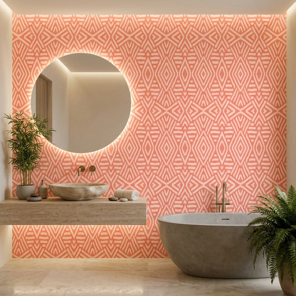 Coral Totem geometric icon wallpaper creating ambiance in a serene bathroom