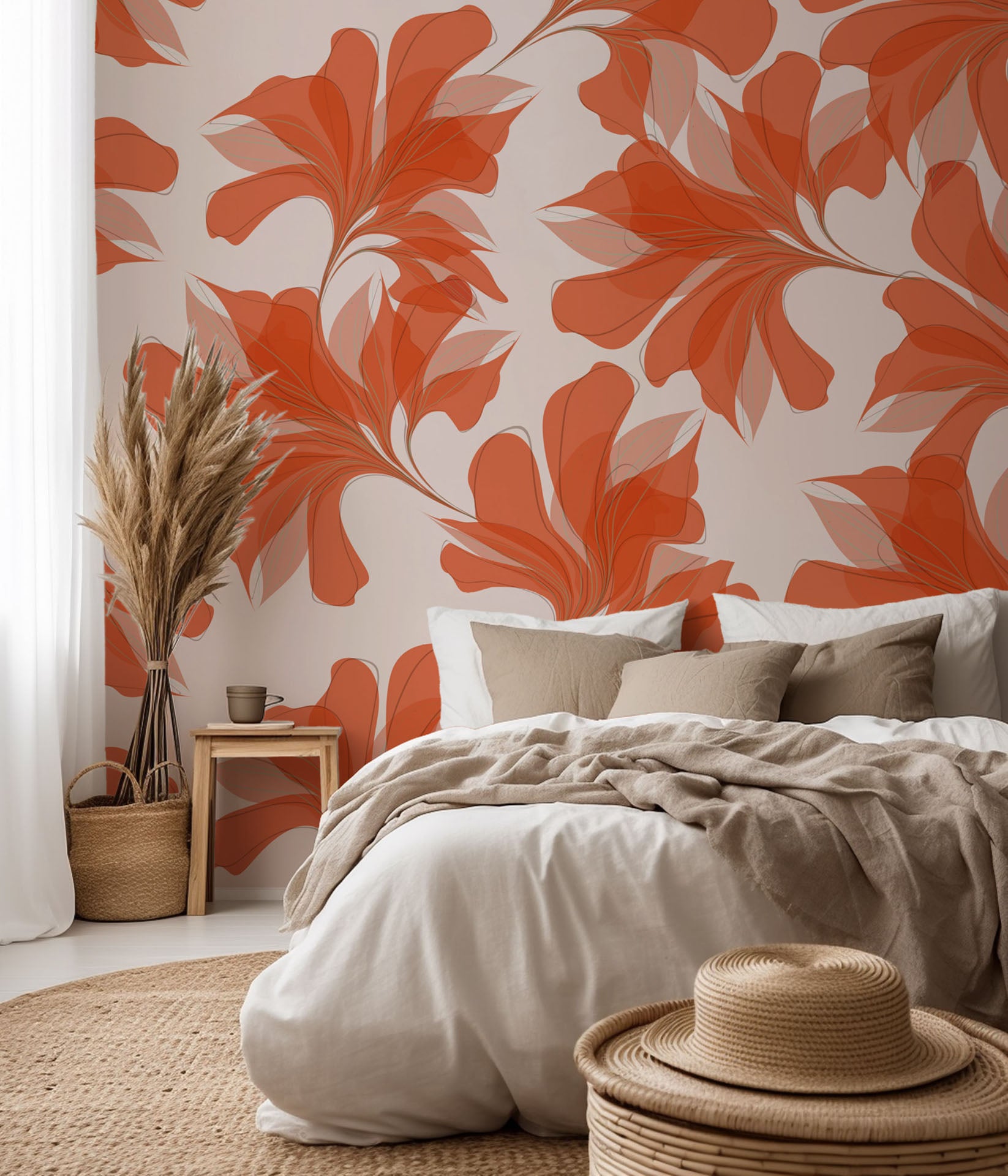 Transparent orange and coral foliage on abstract floral wallpaper – Coral Whispers design.