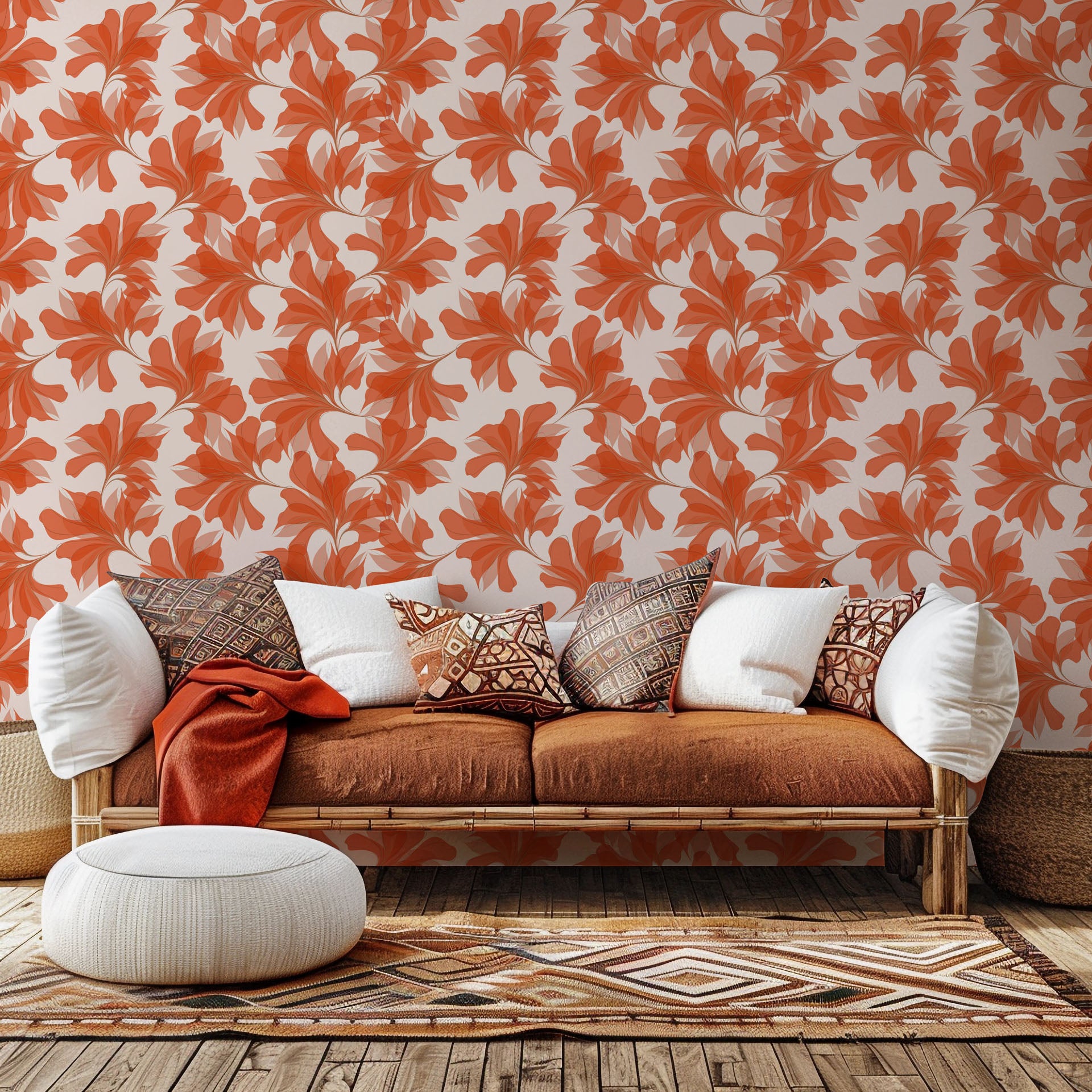 A stylized botanical wall covering, featuring sheer orange and coral foliage. Product: Coral Whispers