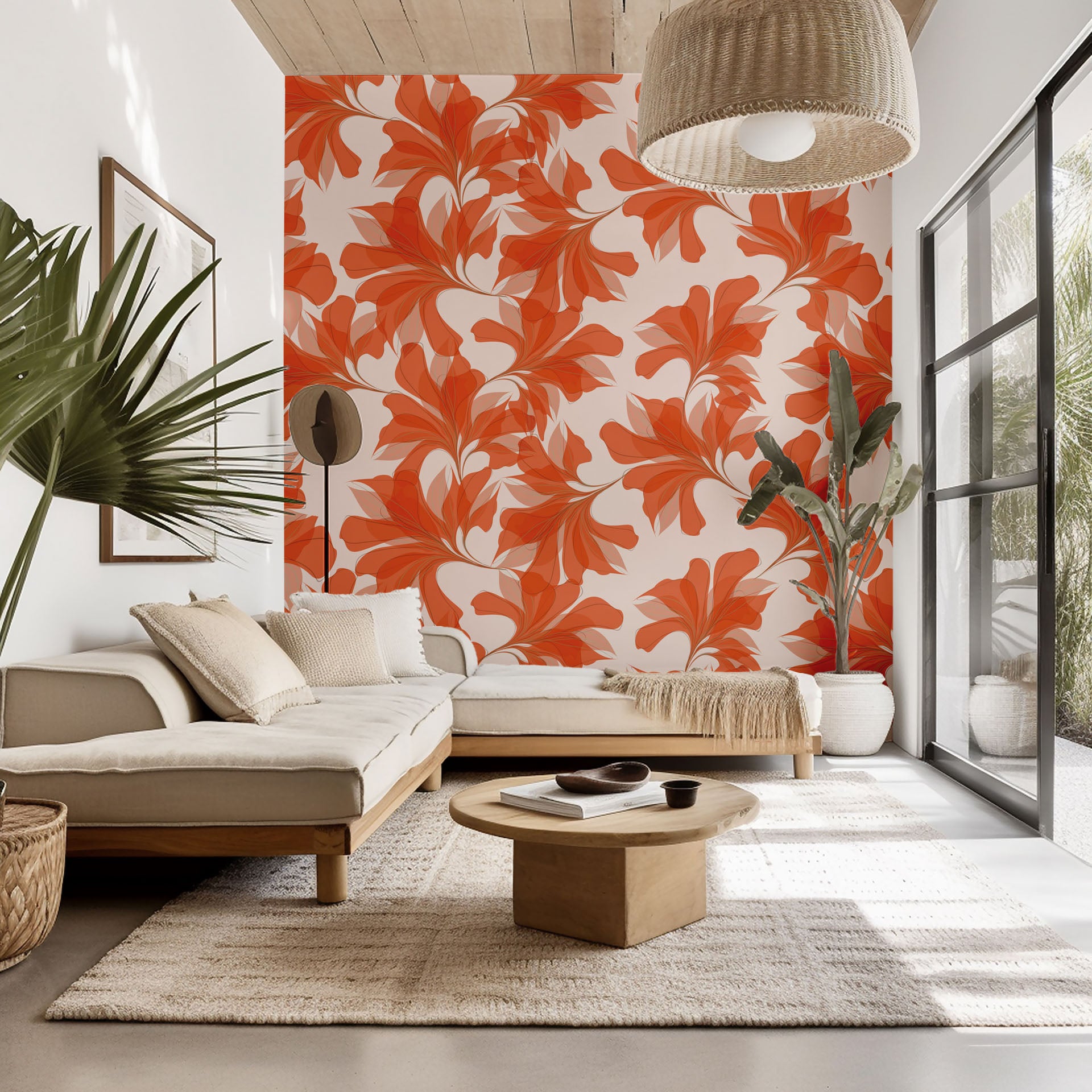 The 'Coral Whispers' wallcovering featuring stylized botanical elements; translucent leaves in orange and coral hues.