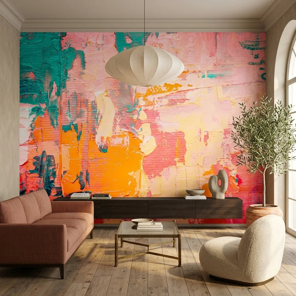 Textured coral pink and teal abstract brushstroke peel and stick wallpaper - Coral & Teal