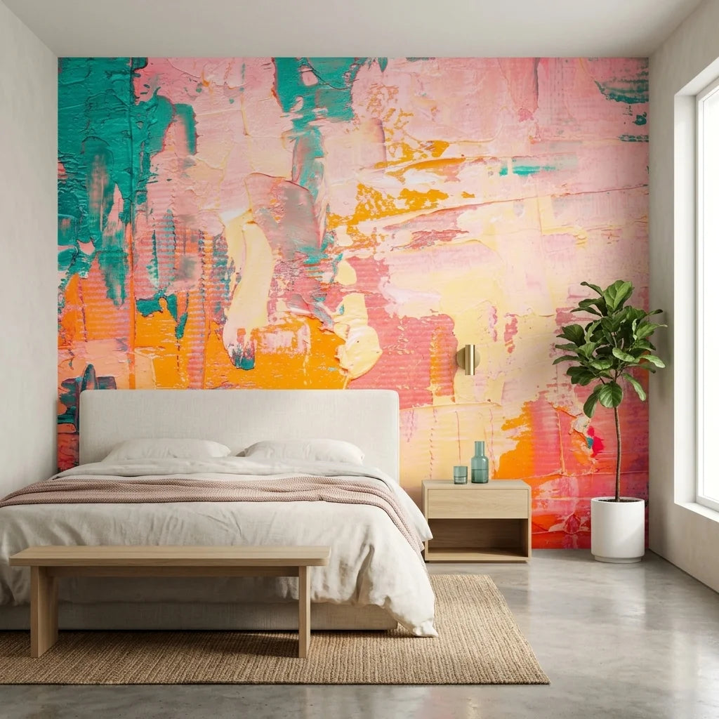 Coral & Teal vibrant pink and teal abstract wallpaper in a warm and inviting living room