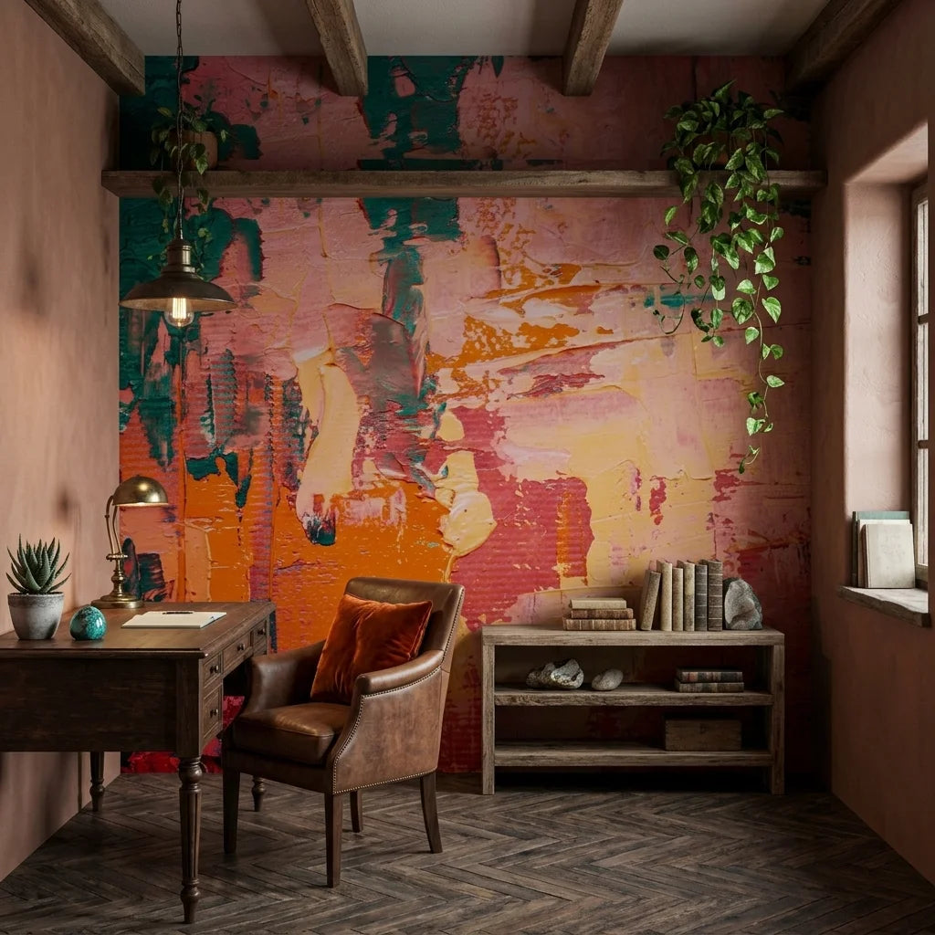 Coral & Teal vibrant pink and teal abstract wallpaper adding character to a cozy bedroom