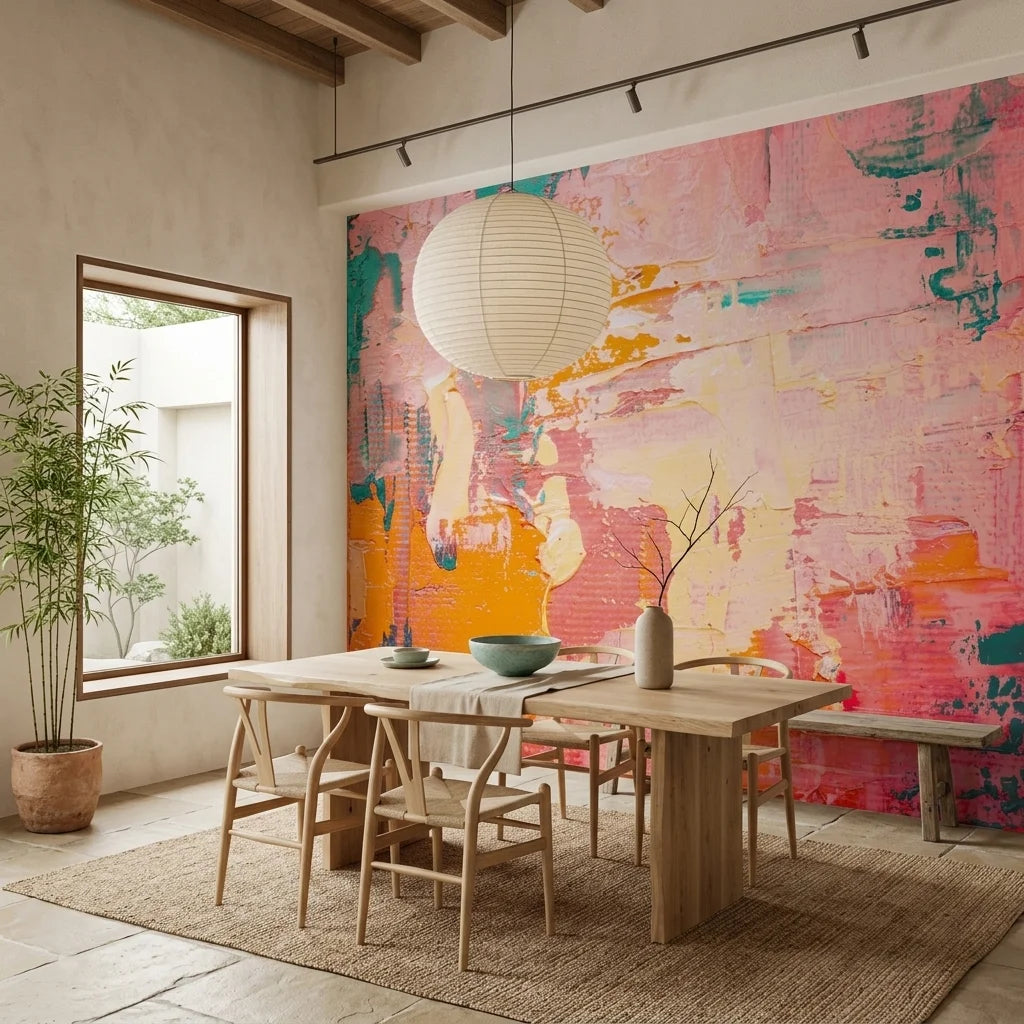 Coral & Teal vibrant pink and teal abstract wallpaper as a feature wall in a bright home office