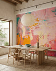 Coral & Teal vibrant pink and teal abstract wallpaper as a feature wall in a bright home office