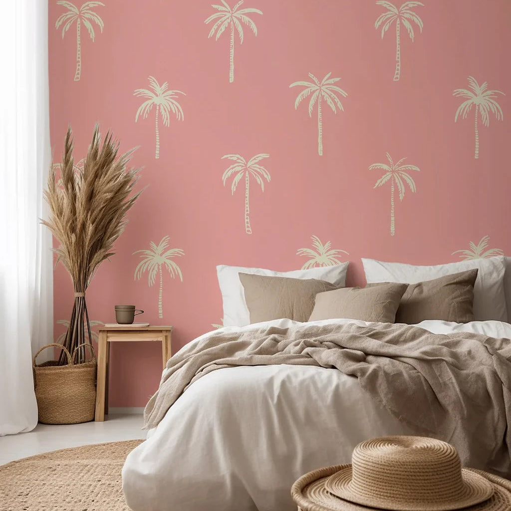 Minimalist palm tree wallpaper featuring a soft pink and cream color palette